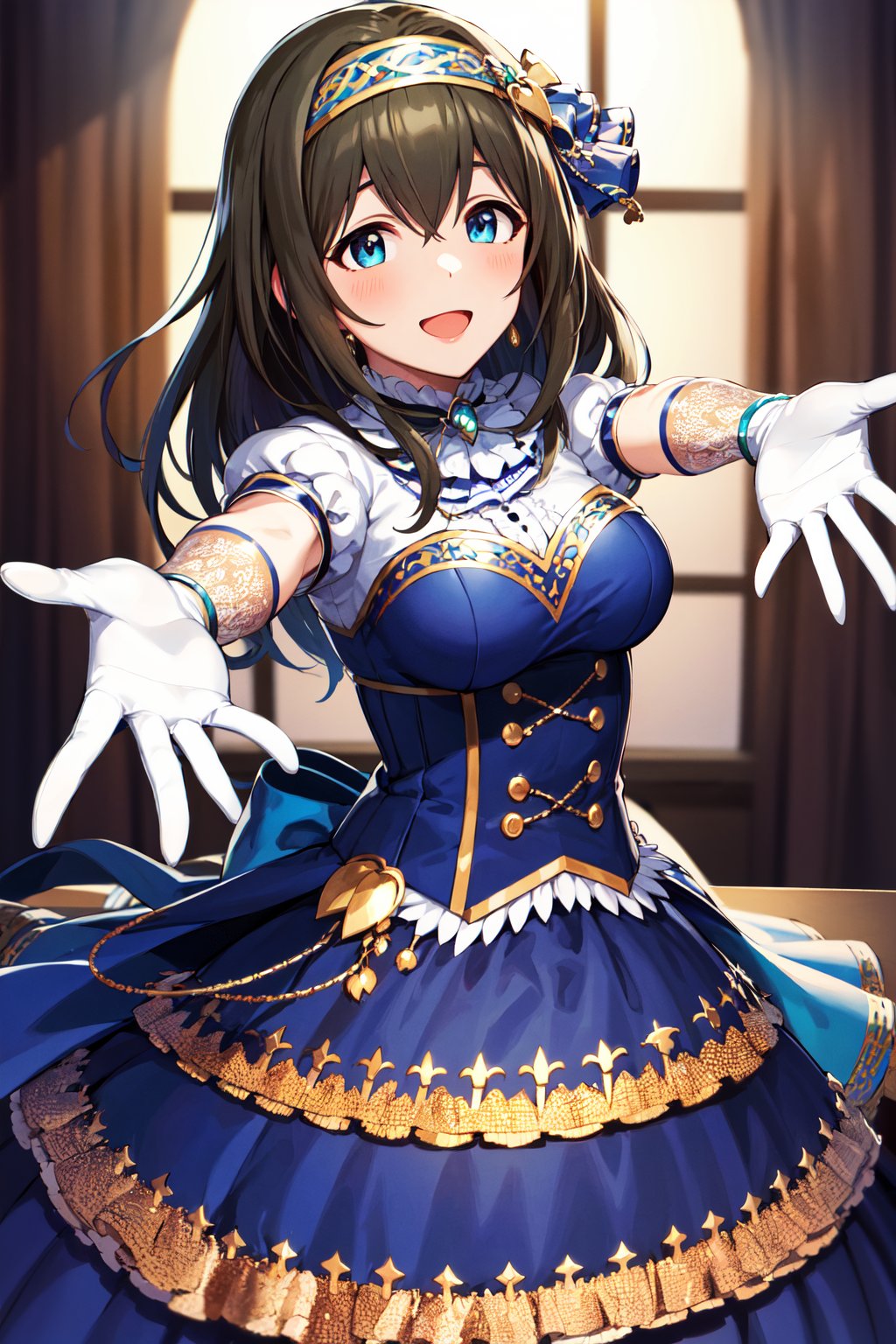 masterpiece, best quality, highres, fffumika, idolmaster, long hair, hairband, blue dress, puffy short sleeves, bracelet, elbow gloves, white gloves, <lora:sagisawa_fumika_v1:0.8>, outstretched arms, smile, open mouth, 