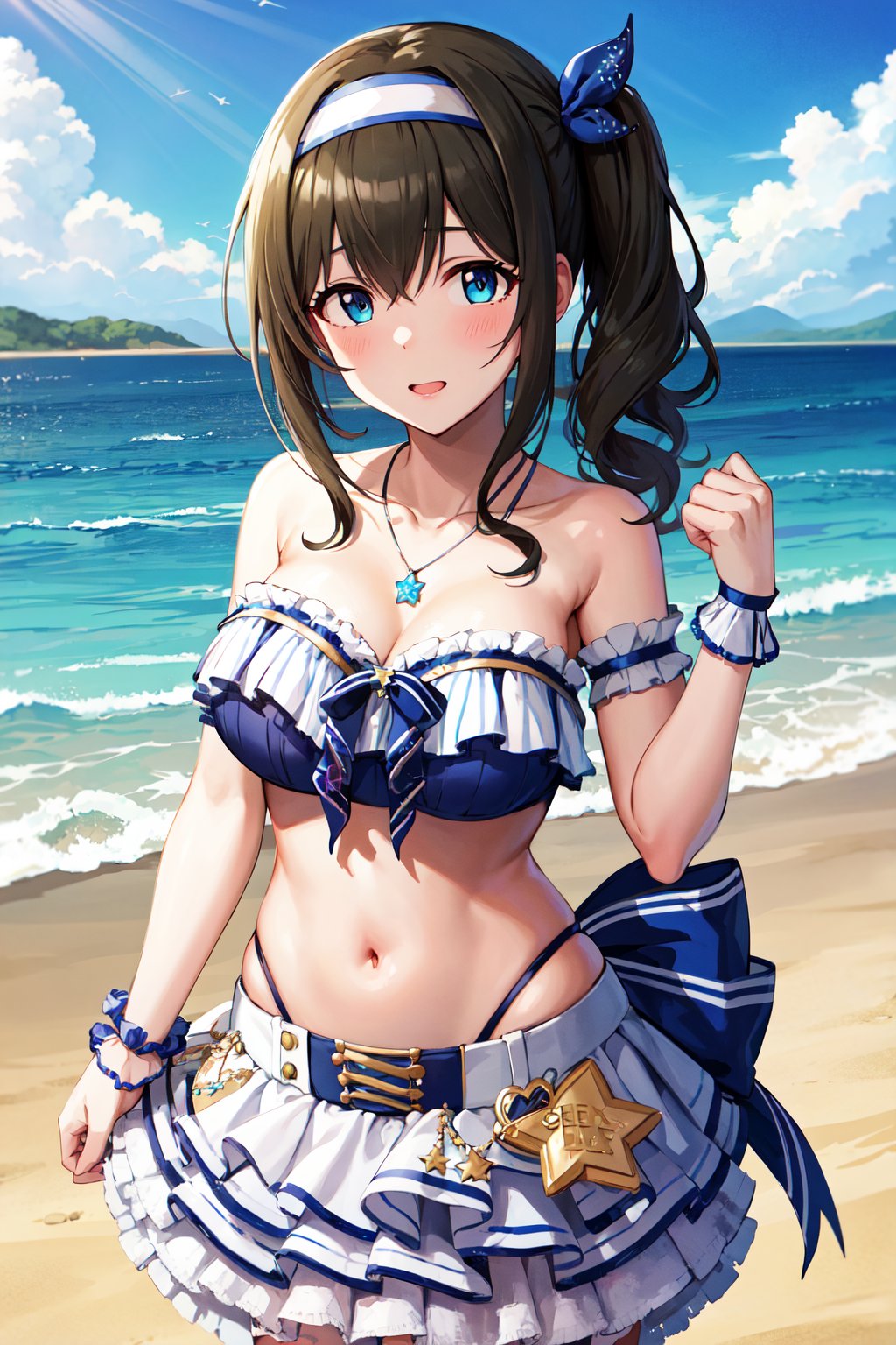 masterpiece, best quality, highres, ddfumika, idolmaster, side ponytail, hairband, hair ribbon, blue bowa, star hair ornament, sidelocks, large breasts, collarbone, necklace, strapless, frilled bikini, arm garter, single wrist cuff, midriff, layered skirt, bridal garter, <lora:sagisawa_fumika_v1:0.8>, standing, cowboy shot, beach,