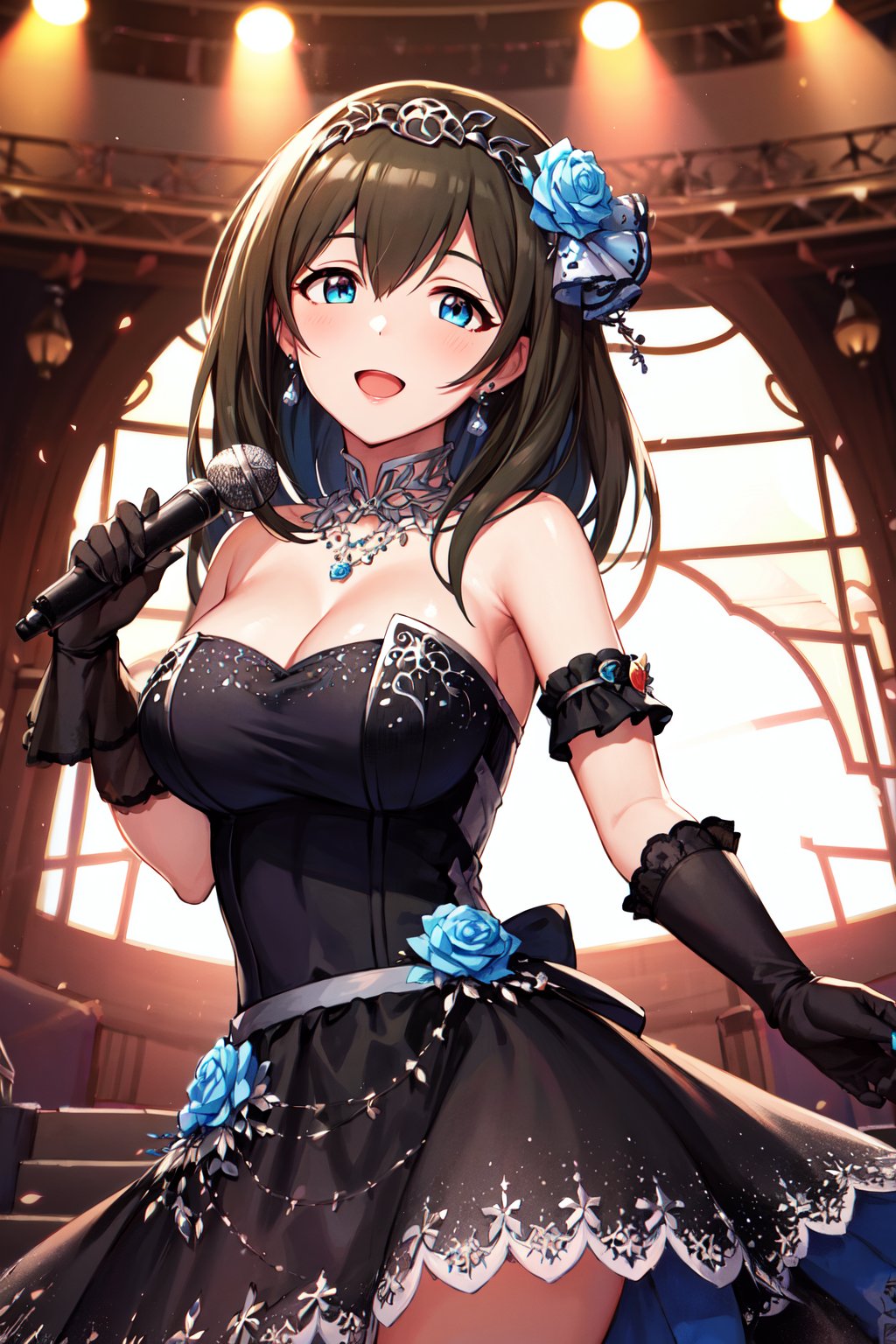 masterpiece, best quality, highres, ccfumika, idolmaster, long hair, tiara, hair ornament, hair flower, earrings, necklace, bare shoulders, cleavage, large breasts, black dress, strapless dress, black gloves, , <lora:sagisawa_fumika_v1:0.8>, standing, cowboy shot, stage, smile, open mouth, holding microphone