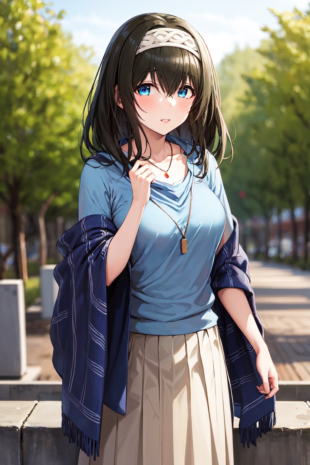 masterpiece, best quality, highres, aafumika, idolmaster, long hair, hairband, collarbone, necklace, blue sweater, blue shawl, brown skirt, <lora:sagisawa_fumika_v1:0.8>, cowboy shot, standing, outdoors,