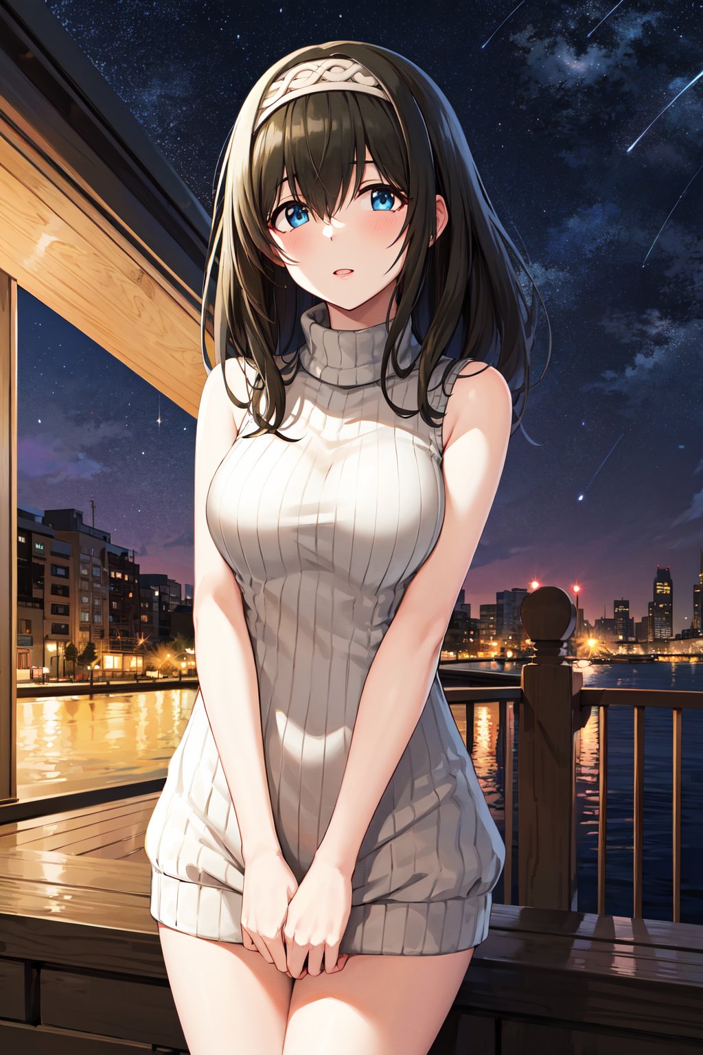 masterpiece, best quality, highres, aafumika, idolmaster, long hair, hairband, <lora:sagisawa_fumika_v1:0.7>, sweater dress, ribbed sweater, turtleneck, sleeveless, night, standing, cowboy shot, 