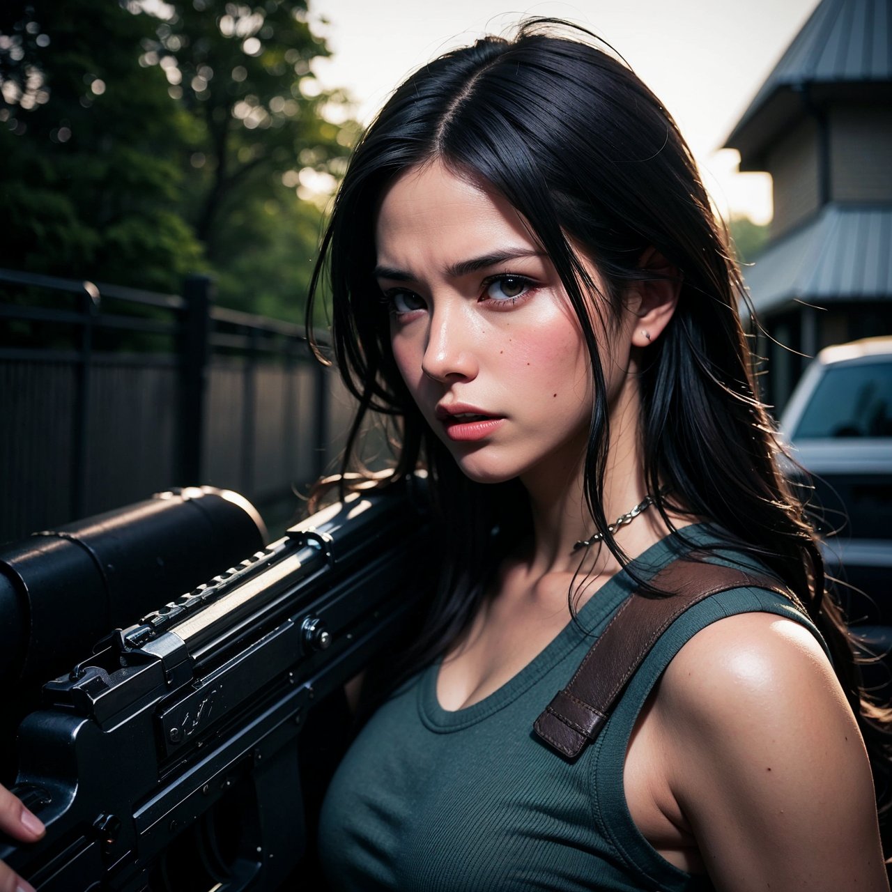 best quality,ultra-detailed,realistic:1.37,highres,masterpiece:1.2,portrait,a girl with an AK47 gun in her hand,detailed facial features,strong expression,intense gaze,dark and moody lighting,gritty atmosphere,high contrast,sharp focus,bold colors,metallic texture on the gun,lush background with trees and bushes,explosions in the distance,smoke and fire in the air,action-packed scene,aggressive stance,confident and fearless demeanor 