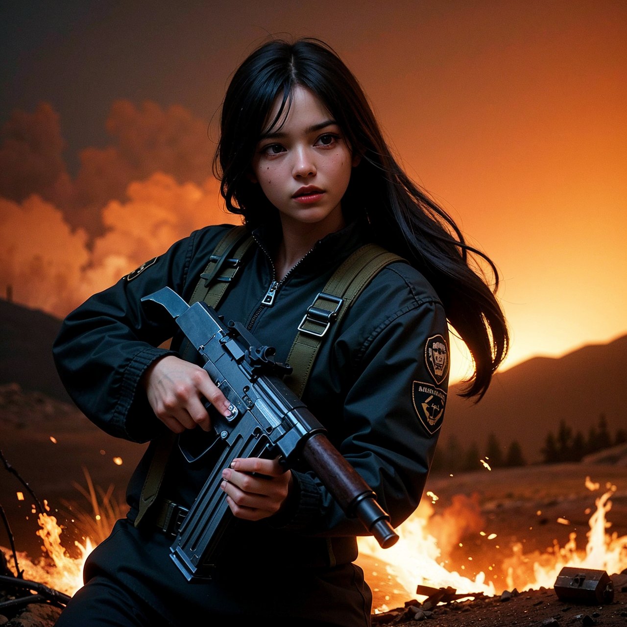 best quality,ultra-detailed,realistic:1.37,highres,masterpiece:1.2,portrait,a girl with an AK47 gun in her hand,detailed facial features,strong expression,intense gaze,dark and moody lighting,gritty atmosphere,high contrast,sharp focus,bold colors,metallic texture on the gun,lush background with trees and bushes,explosions in the distance,smoke and fire in the air,action-packed scene,aggressive stance,confident and fearless demeanor 