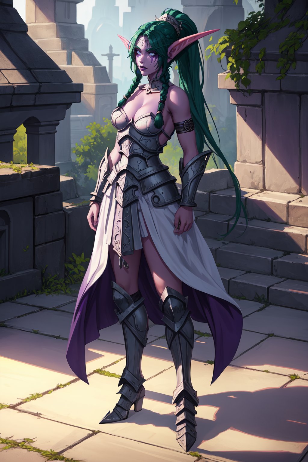 (high quality:1.1), extremely detailed, shadow,TNDbfa, elf, 1girl, purple skin, solo, standing, hand on hip, full body,looking at viewer, determined,long pointy ears, green hair, long hair, ponytail, braids, twinbraids, thick lips, purple lips, makeup, black sclera, no pupils, (armoroutfit:1.1),  bare shoulders, armlet, bracelet, armored boots, large breasts, cleavage,trees, ancient elven city, fantasy, medieval, intricate complex background, twilight,  <lora:TyrandeTNDBfA:0.9> 