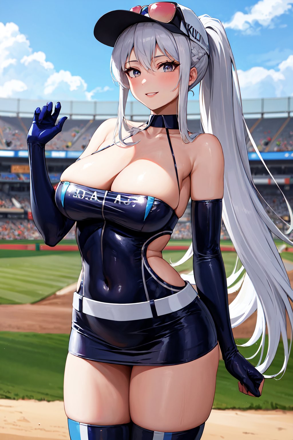 masterpiece, best quality, highres, bbenter, long hair, ponytail, baseball cap, eyewear on headwear, sunglasses, large breasts, cleavage, halter dress, sleeveless, single gloves, white belt, miniskirt, thighhighs, <lora:enterprise_v1:0.7>, smile, outdoors, standing, cowboy shot