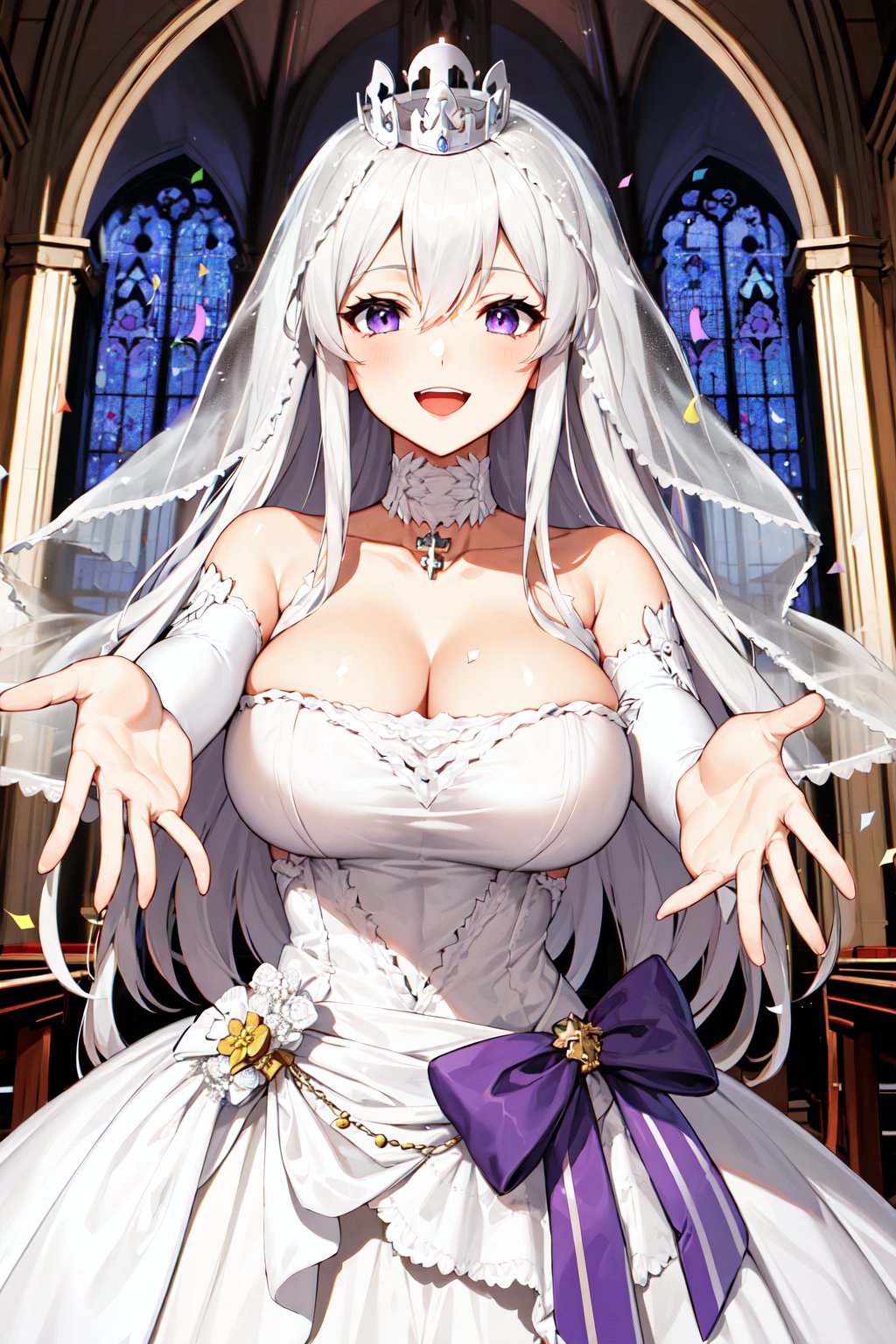 aaenter, long hair, bridal veil, white hair, purple eyes, crown, choker, large breasts, cleavage, bride, wedding dress, white dress, long dress, <lora:enterprise_v1:0.7>, church, open mouth, smile, reaching out, confetti,