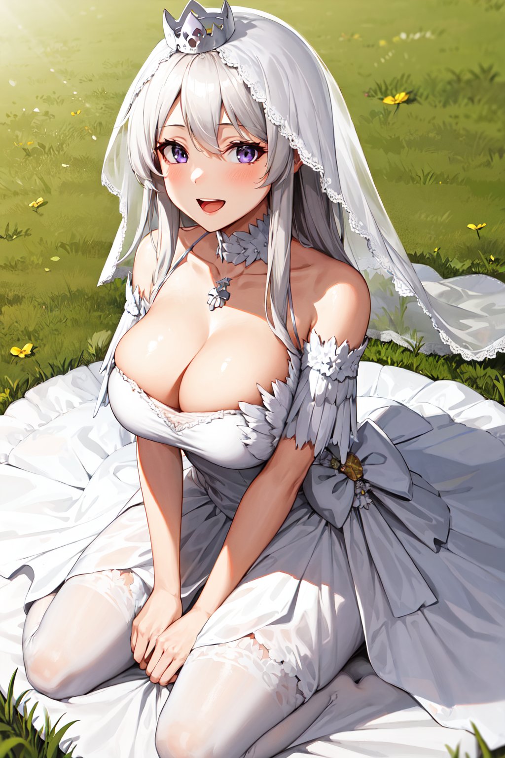 aaenter, long hair, bridal veil, white hair, purple eyes, crown, choker, large breasts, cleavage, bride, wedding dress, white dress, long dress, <lora:enterprise_v1:0.7>, field, grass, wariza, smile, open mouth,