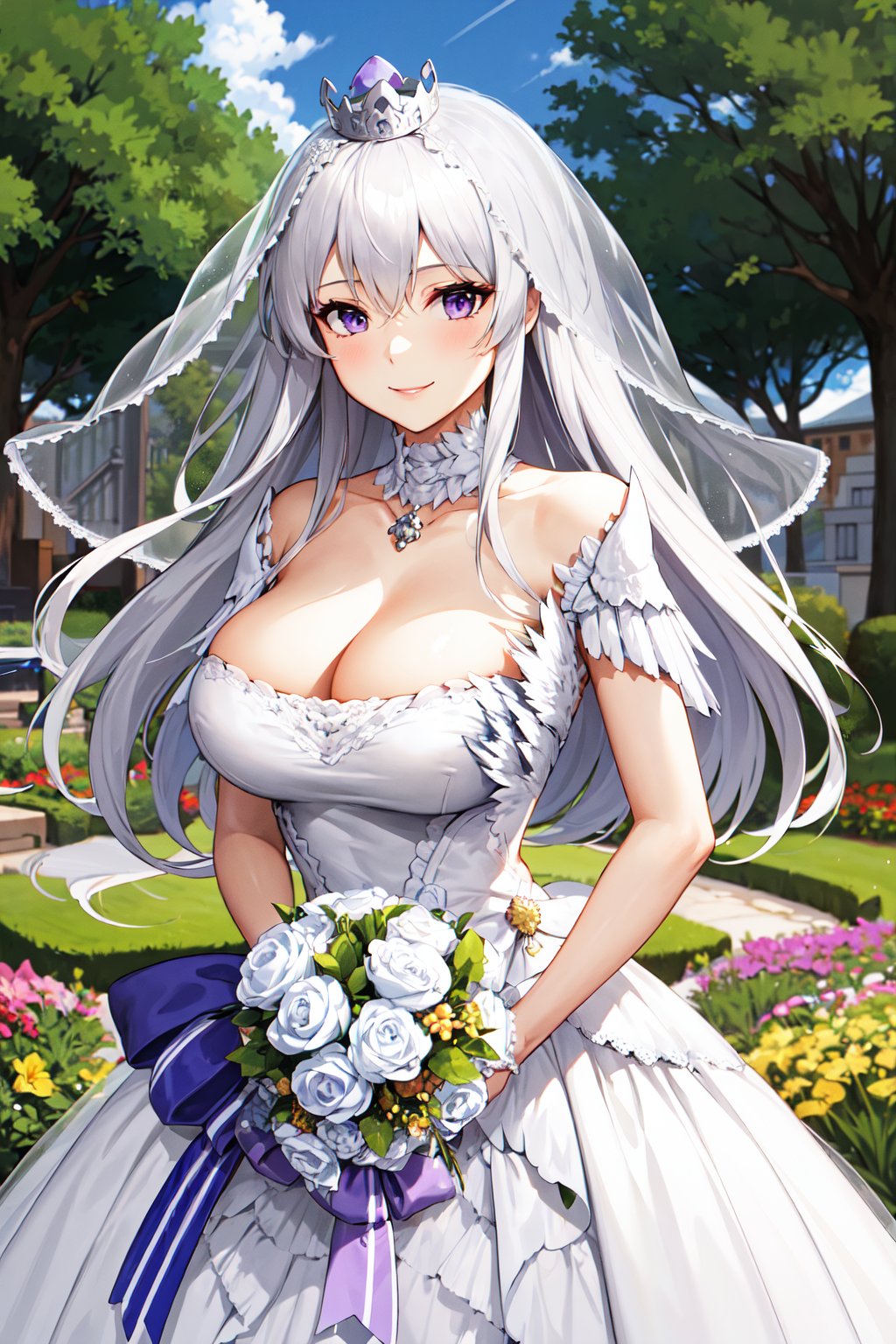 aaenter, long hair, bridal veil, white hair, purple eyes, crown, choker, large breasts, cleavage, bride, wedding dress, white dress, long dress, <lora:enterprise_v1:0.7>, garden, smile, standing, cowboy shot