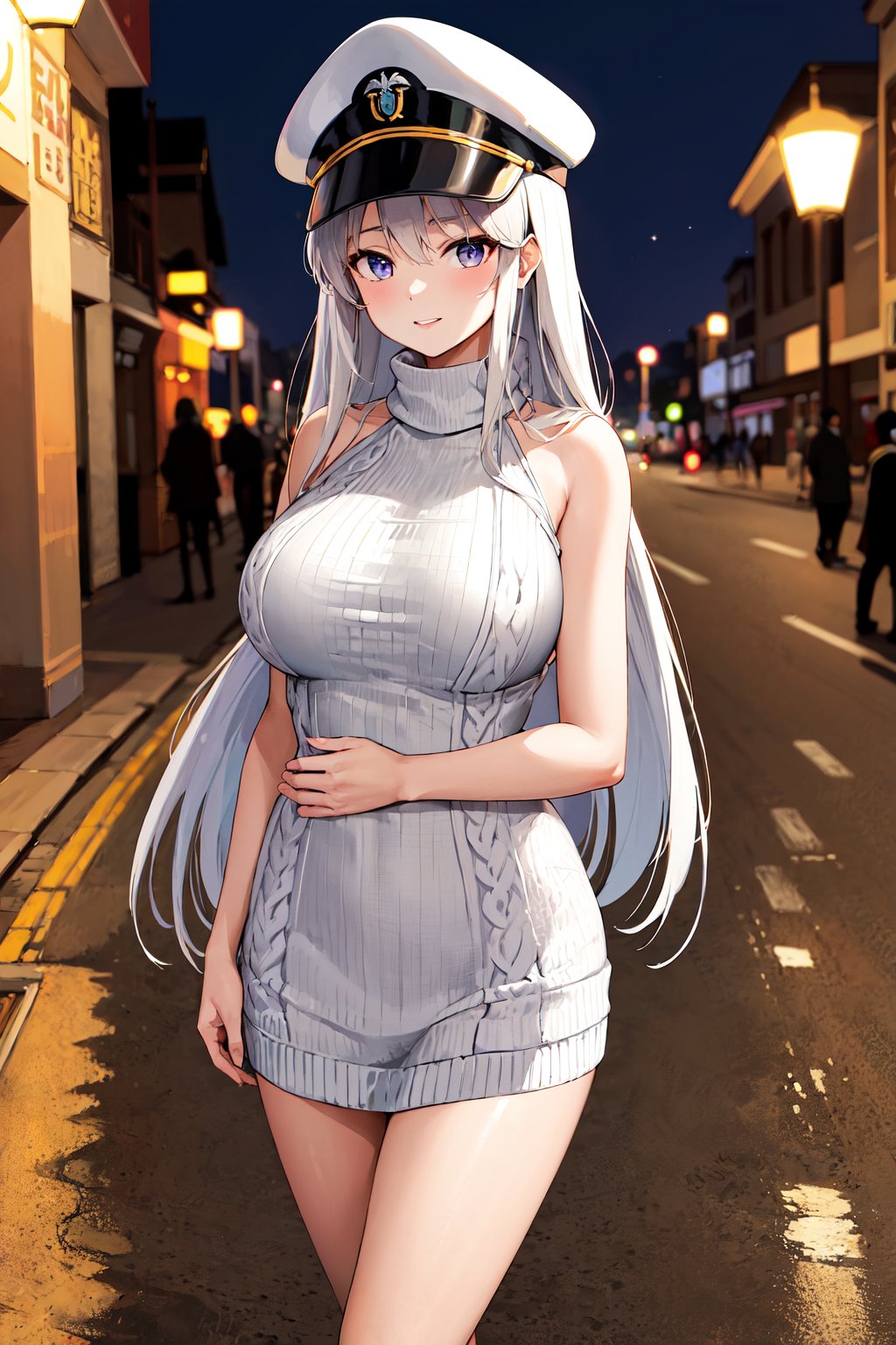 masterpiece, best quality, highres, aaenter, long hair, hat, white headwear, large breasts, <lora:enterprise_v1:0.7>, sweater dress, ribbed sweater, turtleneck, sleeveless, night, street, standing