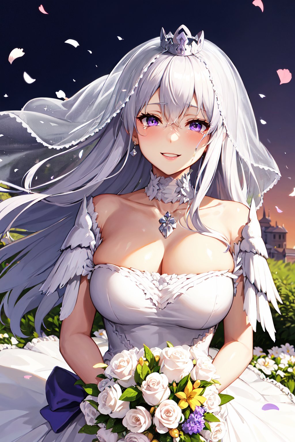 aaenter, long hair, bridal veil, white hair, purple eyes, crown, choker, large breasts, cleavage, bride, wedding dress, white dress, long dress, <lora:enterprise_v1:0.7>, upper body, holding bouquet, smile, tears, garden, flower, confetti,