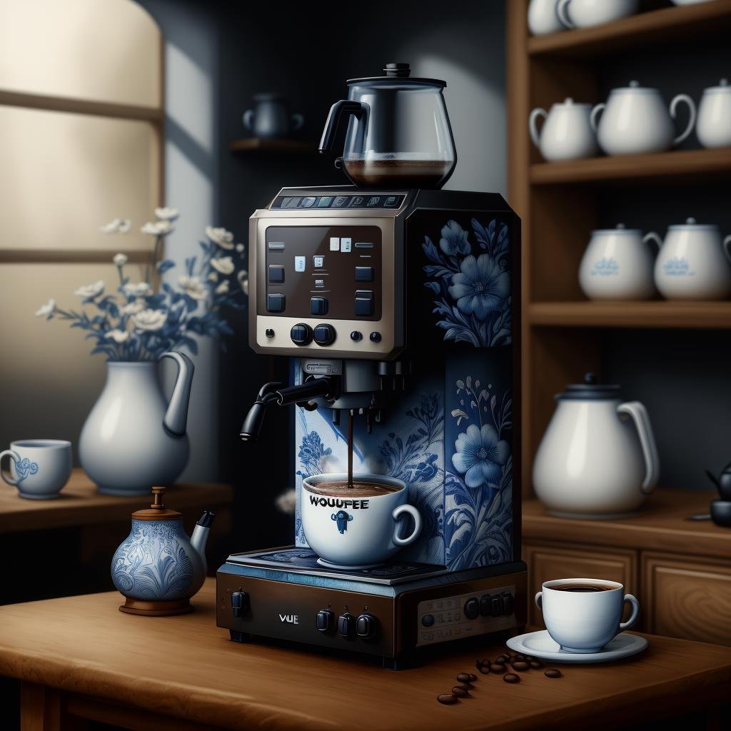 masterpiece, absurdres, extremely detailed, <lora:Madeofdelftwareai:0.6>, madeofdelftwareai, blue delftware, coffee machine, day, volumetric lighting,