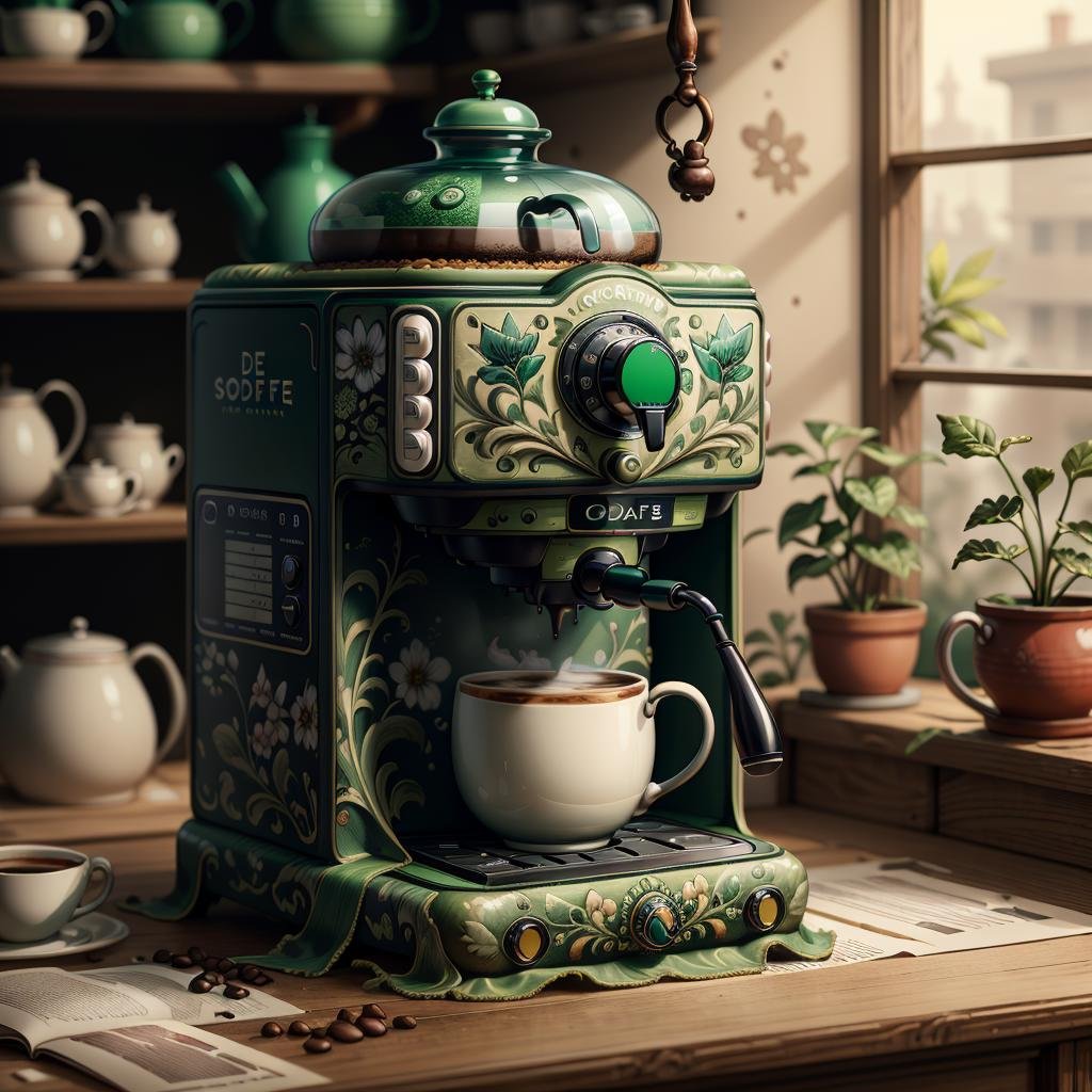 masterpiece, absurdres, extremely detailed, <lora:Madeofdelftwareai:0.6>, madeofdelftwareai, green delftware, coffee machine, day, volumetric lighting,