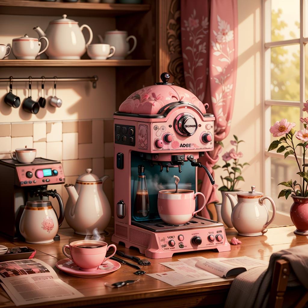 masterpiece, absurdres, extremely detailed, <lora:Madeofdelftwareai:0.6>, madeofdelftwareai, pink delftware, coffee machine, day, volumetric lighting,