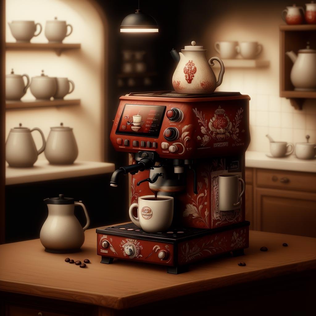 masterpiece, absurdres, extremely detailed, <lora:Madeofdelftwareai:0.6>, madeofdelftwareai, red delftware, coffee machine, day, volumetric lighting,