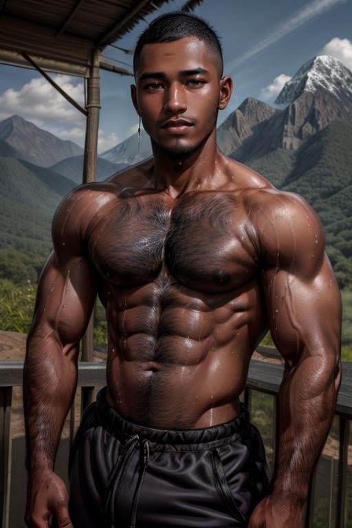 photogenic photo, clear sky, rugged handsome syahnk as african man,  (dark black skin:1.5), (shirtless muscular man:1.3), (chest hair, bodyhair:1.1), hairy, solo male, outdoors, light smile, (sweat:1.1), (sweatpants), (buzzcut hair), mountains, medium shot, masterpiece, best quality, highres <lora:TurbomaleV7_128:0.5>,<lora:add_detail:1.5>, vibrant, look at camera,<lora:syahnkV2-10:0.6>