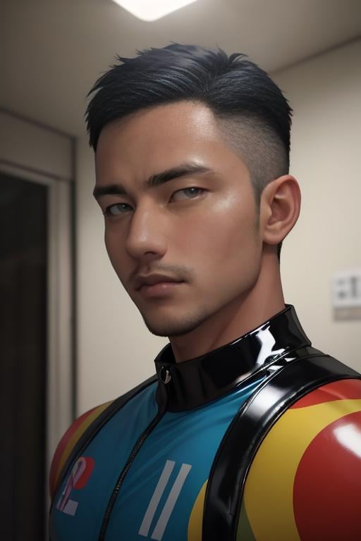 masterpiece, best quality, highres, realistic, (((1man))),  adult male, Yoshi from Nintendo, muscular male, latex outfit, atmospheric lighting, dramatic, homoerotic,<lora:syahnk128-05:.75>, face of syahnk,handsome,masculine,skin pore,high detail face, eye view camera, from front side, 8K, HDR ultra-realistic,