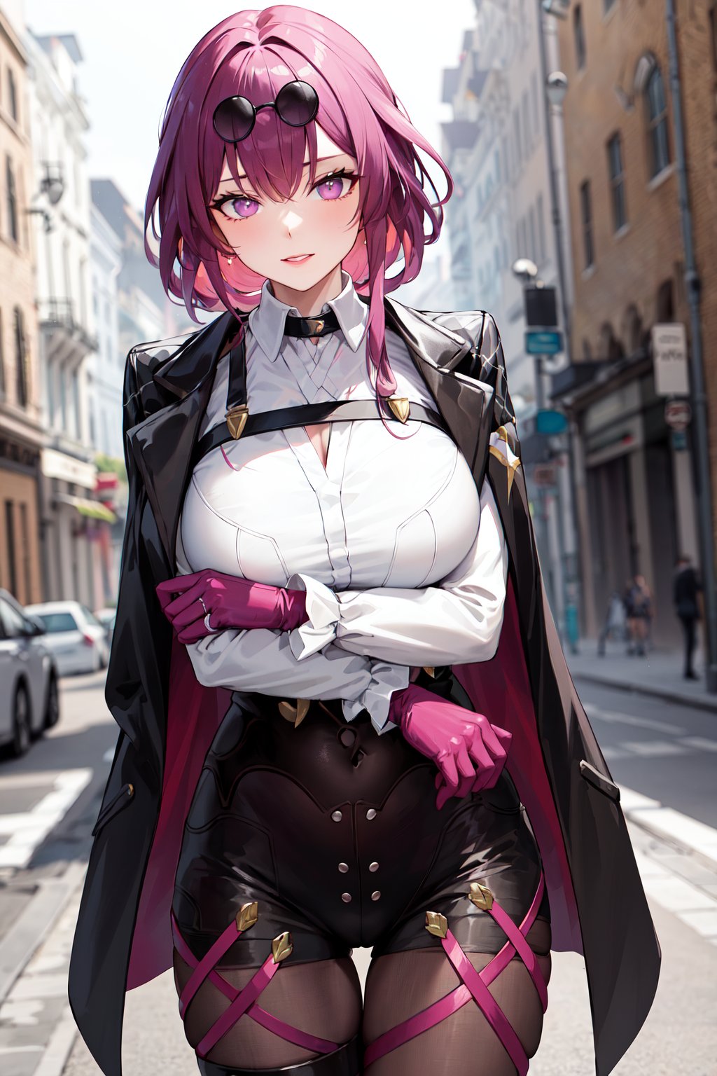 masterpiece, best quality, highres, aakafka, sunglasses, eyewear on head, harness, black jacket, white shirt, collared shirt, long sleeves, white sleeves, purple gloves, black shorts, thigh strap, pantyhose, <lora:kafka_1:0.8>, standing, cowboy shot, arms at sides, outdoors