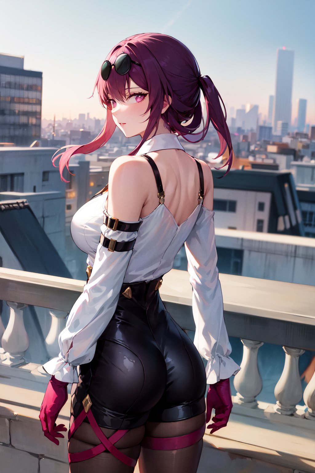 masterpiece, best quality, highres, aakafka, sunglasses, eyewear on head, harness, shoulder cutout, white shirt, collared shirt, long sleeves, white sleeves, purple gloves, black shorts, thigh strap, pantyhose, <lora:kafka_1:0.8>, from behind, looking at viewer, standing, night, rooftop,