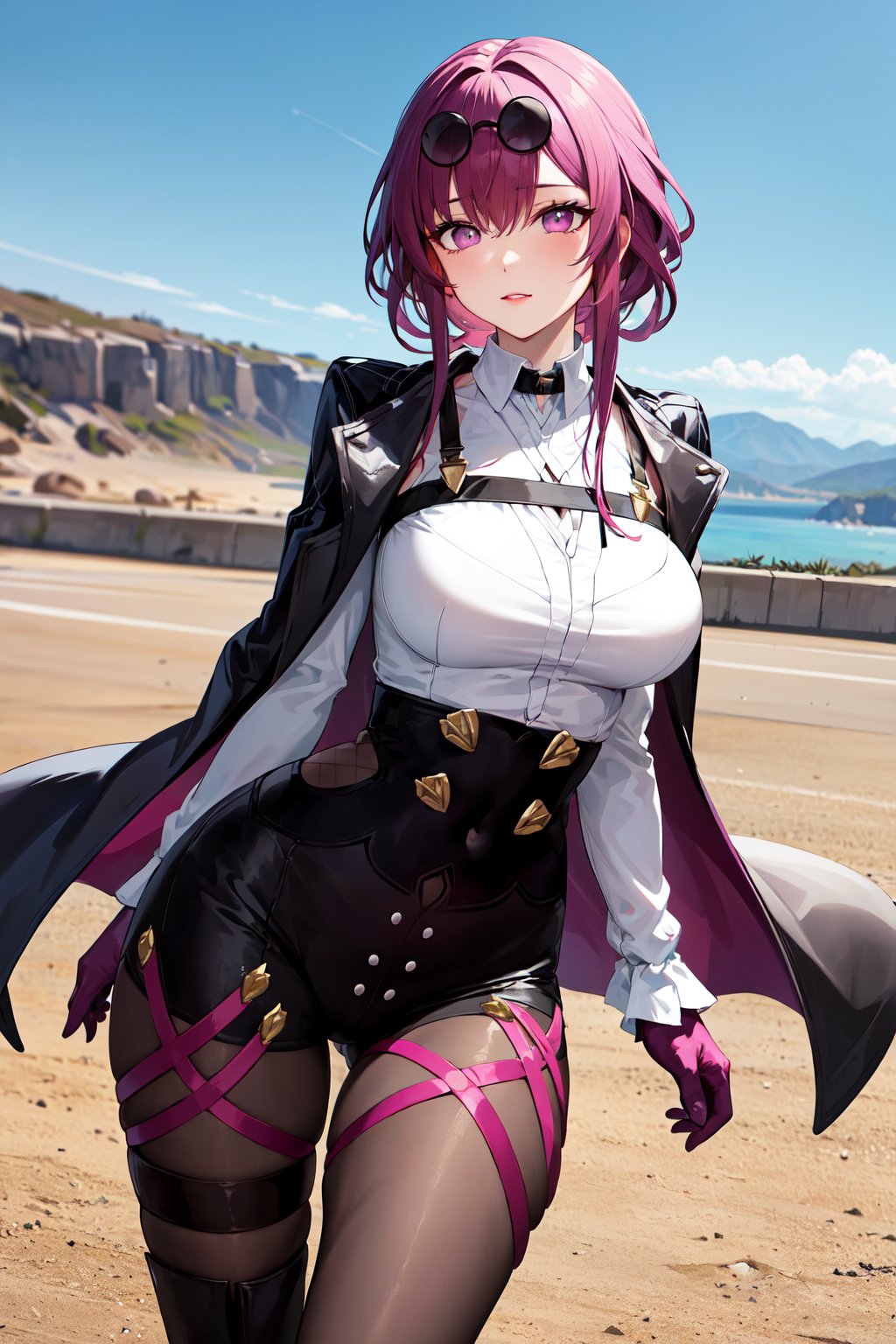 masterpiece, best quality, highres, aakafka, sunglasses, eyewear on head, harness, black jacket, white shirt, collared shirt, long sleeves, white sleeves, purple gloves, black shorts, thigh strap, pantyhose, <lora:kafka_1:0.8>, standing, cowboy shot, arms at sides, outdoors