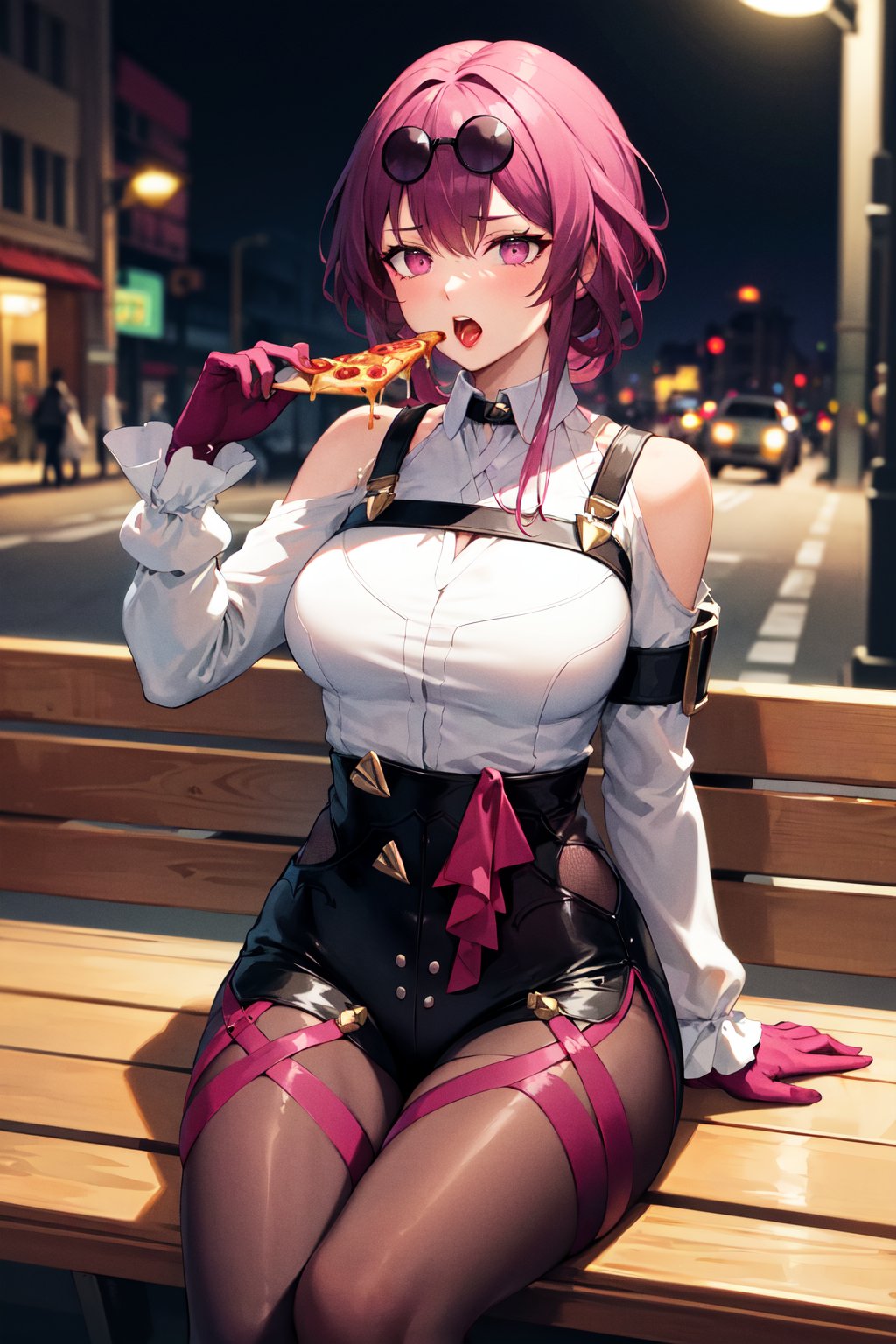 masterpiece, best quality, highres, aakafka, sunglasses, eyewear on head, harness, shoulder cutout, white shirt, collared shirt, long sleeves, white sleeves, purple gloves, black shorts, thigh strap, pantyhose, <lora:kafka_1:0.8>, sitting, bench, night, street, serious, food, eating, pizza, open mouth, 