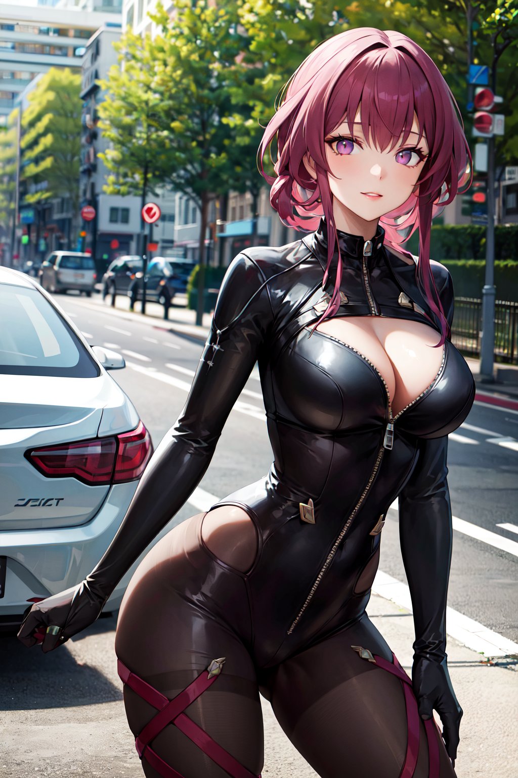 masterpiece, best quality, highres, aakafka, <lora:kafka_1:0.8>, bodysuit, zipper, skin tight, bike, outdoors, cleavage, 