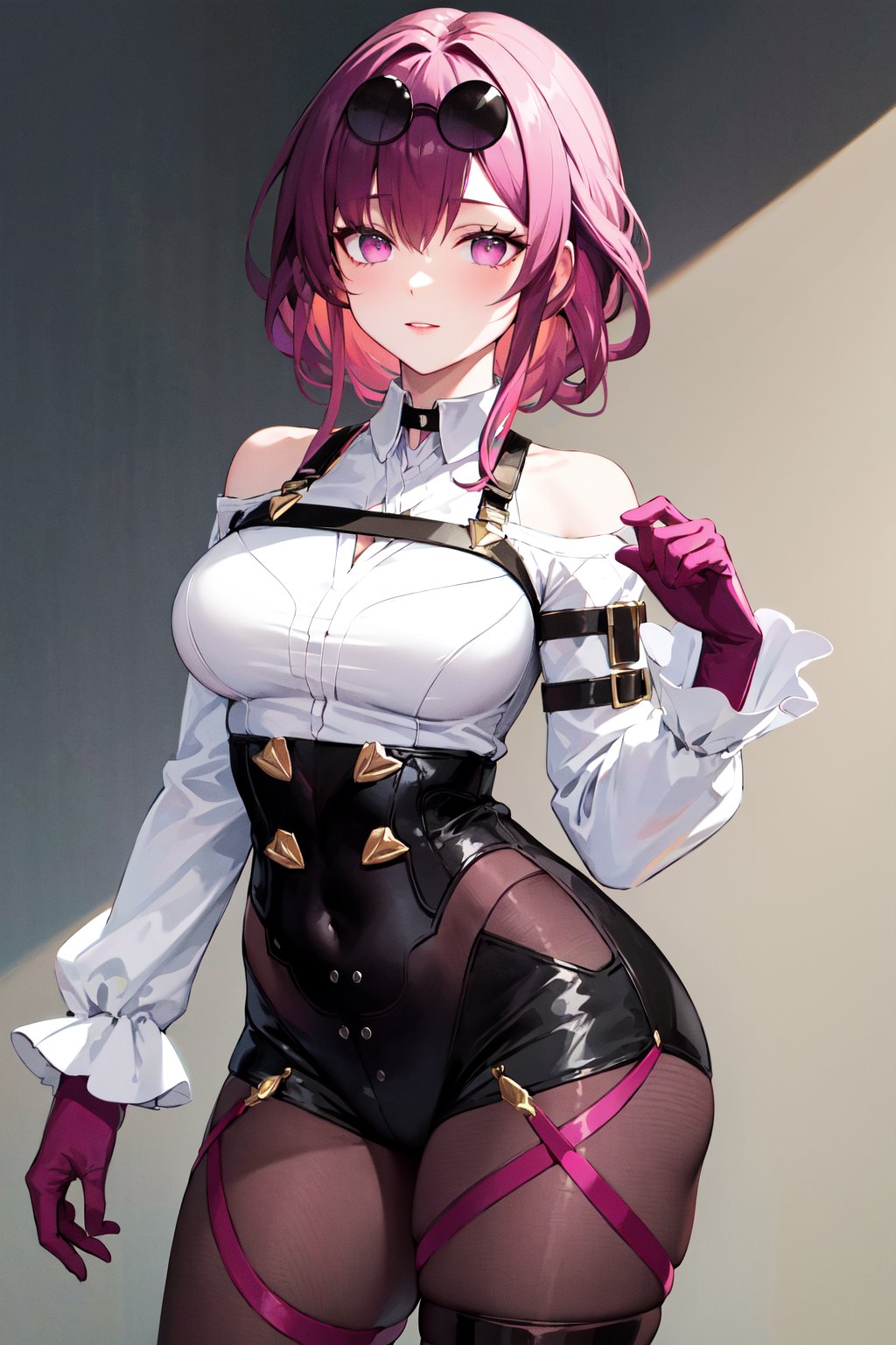 masterpiece, best quality, highres, aakafka, sunglasses, eyewear on head, harness, shoulder cutout, white shirt, collared shirt, long sleeves, white sleeves, purple gloves, black shorts, thigh strap, pantyhose, <lora:kafka_1:0.8>, standing, cowboy shot,