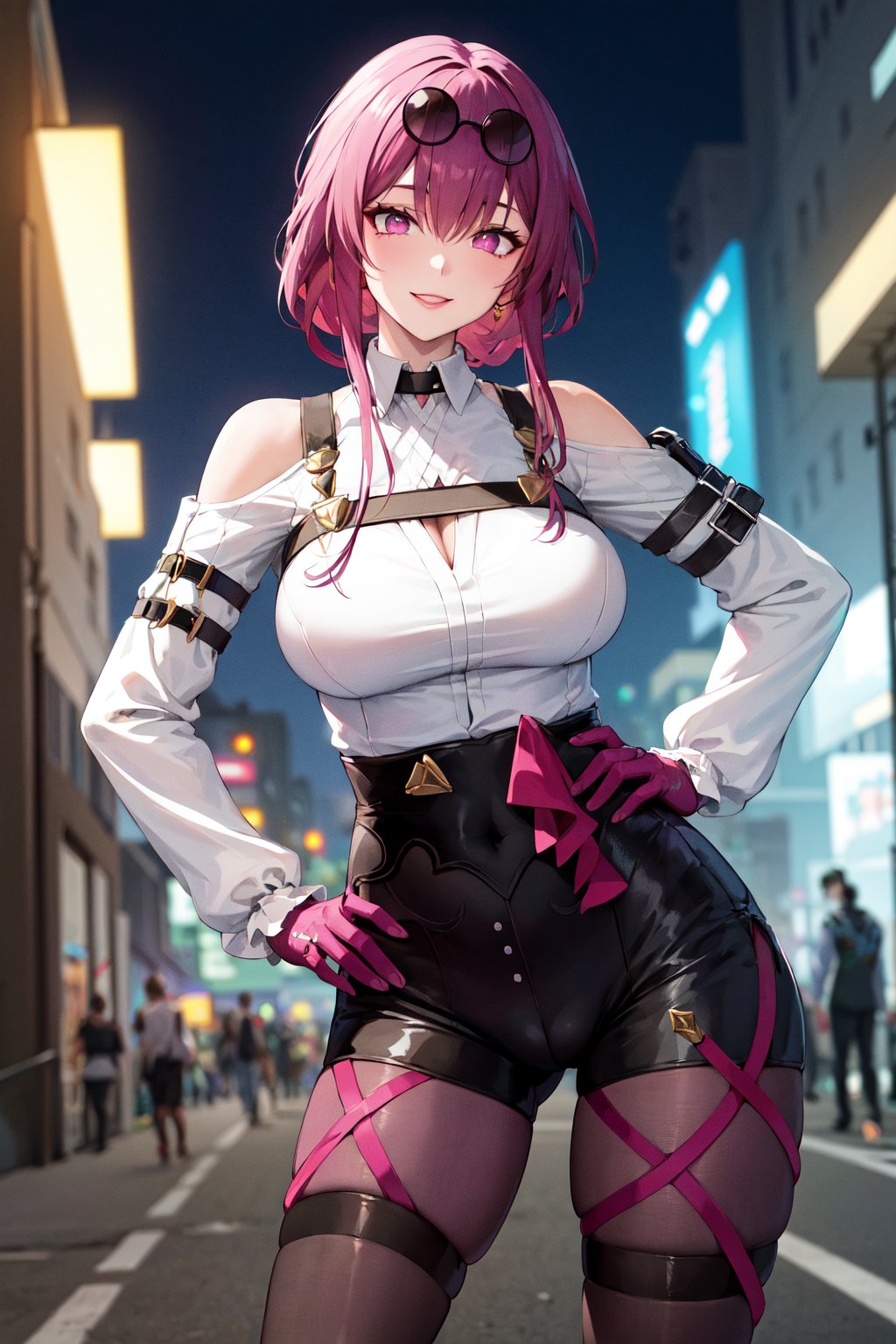 masterpiece, best quality, highres, aakafka, sunglasses, eyewear on head, harness, shoulder cutout, white shirt, collared shirt, long sleeves, white sleeves, purple gloves, black shorts, thigh strap, pantyhose, <lora:kafka_1:0.8>, hand on hip, cyberpunk, night, street, smile