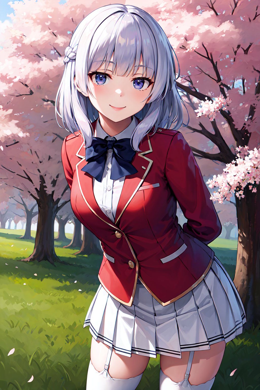 masterpiece, best quality, highres, aaarisu, medium hair, braid, blunt bangs, blue bowtie, red jacket, blazer, long sleeves, white skirt, pleated skirt, garter straps, white thighhighs, <lora:sakayanagi_arisu_v1:0.7>, smile, cherry blossoms, leaning forward, arms behind back, outdoors, standing, cowboy shot