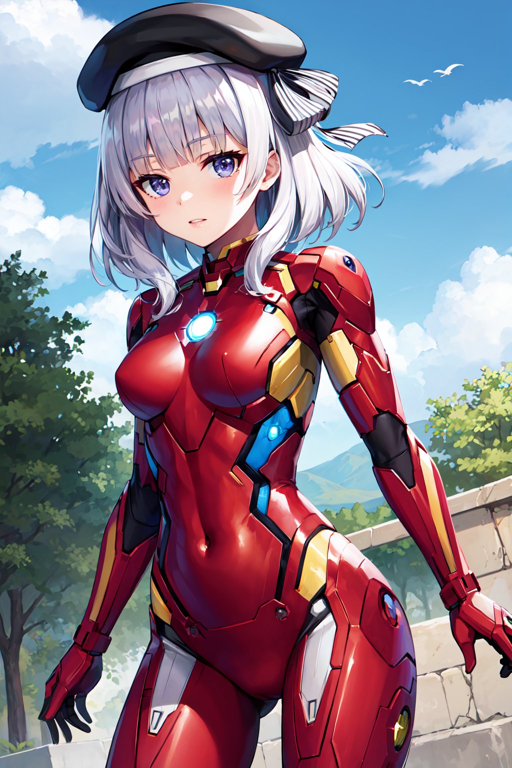 masterpiece, best quality, highres, aaarisu, medium hair, braid, blunt bangs, beret, black headwear, hat ribbon, <lora:sakayanagi_arisu_v1:0.7>, iron man, bodysuit, ruins, 