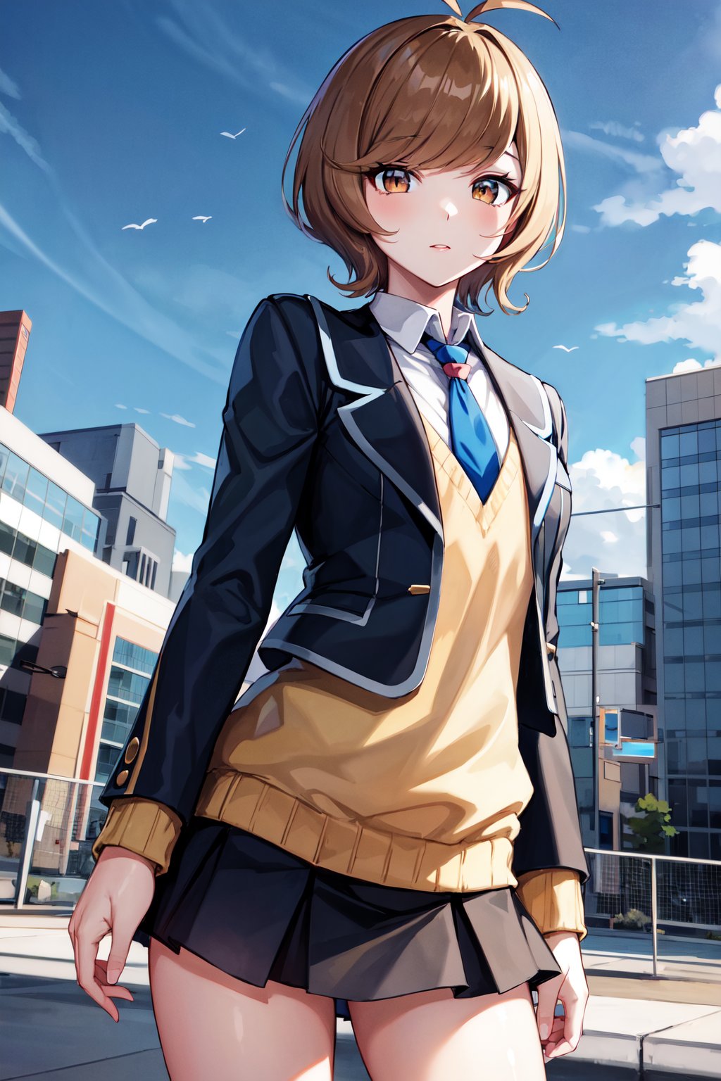 masterpiece, best quality, highres, hmza, short hair, antenna hair, brown eyes, school uniform, blue necktie, black jacket, open jacket, long sleeves, black skirt, <lora:zaizen_aoi_v1:0.7>, standing, cowboy shot, outdoors,