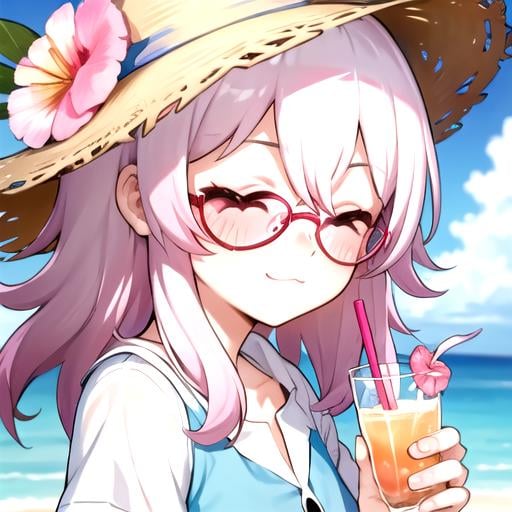 <lora:MarchSeventh-04:0.8>, 300daysb4hny, blush, smile, shirt, hat, holding, jewelry, closed mouth, closed eyes, white shirt, upper body, flower, short sleeves, heart, collared shirt, chibi, cup, :3, fruit, sunglasses, holding cup, pink flower, drinking glass, sun hat, drinking straw, drink, hat flower, tinted eyewear, heart-shaped eyewear, cocktail glass, hawaiian shirt, pink-tinted eyewear