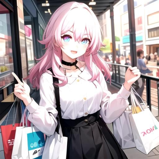 <lora:MarchSeventh-04:0.8>, best quality, colorful, highres, masterpiece, 300daysb4hny, blush, smile, open mouth, shirt, long sleeves, holding, jacket, white shirt, white hair, pink eyes, bag, v-shaped eyebrows,  +_+, holding bag, shopping bag, 