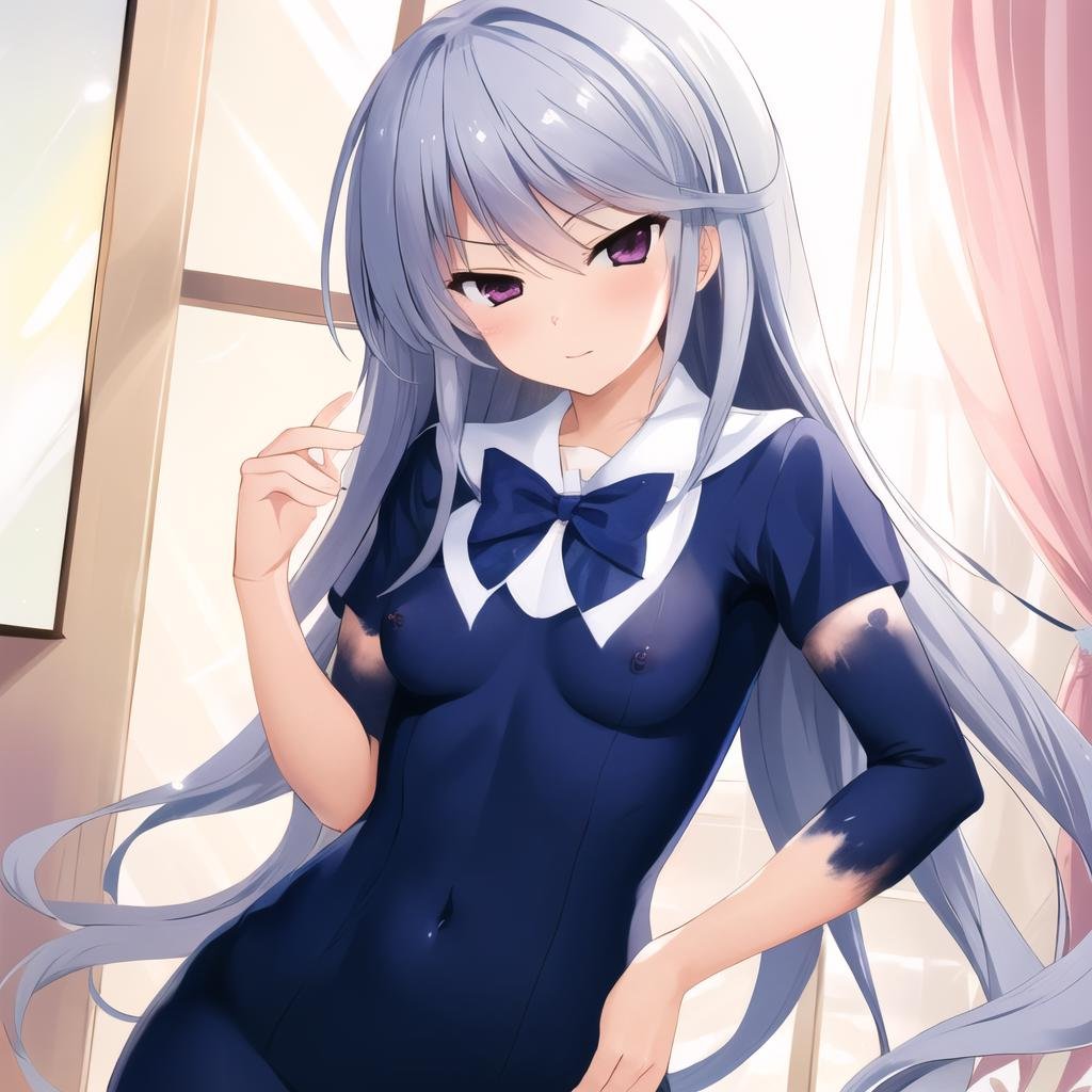 masterpiece, best quality, ultra-detailed, painted clothes, 1 girl, bodypaint, paint,  naked paint, kazami kazuki, silver hair, long hair, school uniform