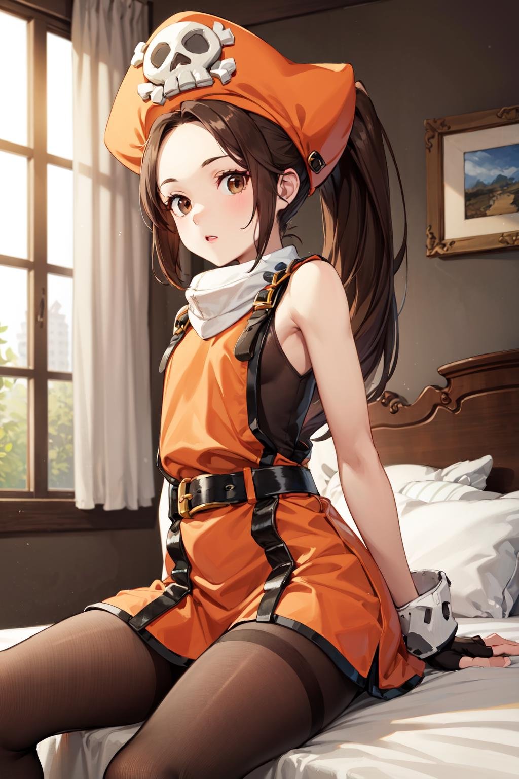 masterpiece,best quality,highres,ultra-detailed,ccmay,pirate hat,skull and crossbones,brown eyes,long hair,ponytail,forehead,flat chest,orange shirt,sleeveless,fingerless gloves,belt,pantyhose,boots,orange footwear,<lora:may_(guilty_gear):0.7>,indoors,bed,sitting,cowboy shot,