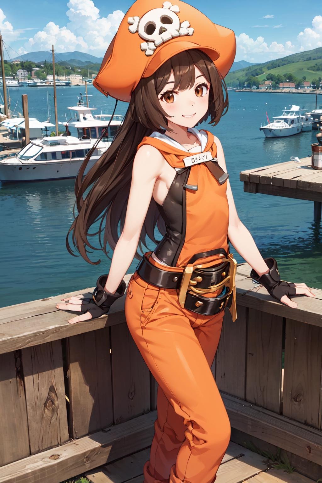 masterpiece,best quality,highres,ultra-detailed,bbmay,pirate hat,skull and crossbones,brown eyes,long hair,small breasts,(orange shirt:1.2),sleeveless,midriff,fingerless gloves,pants,pants rolled up,belt,ankle boots,<lora:may_(guilty_gear):0.8>,outdoors,harbor,standing,smile,