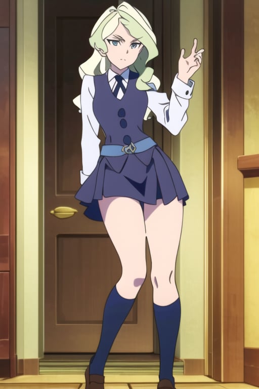  diana cavendish, luna nova uniform, (masterpiece, best quality), school uniform, miniskirt, kneehighs,  thighs,  pose