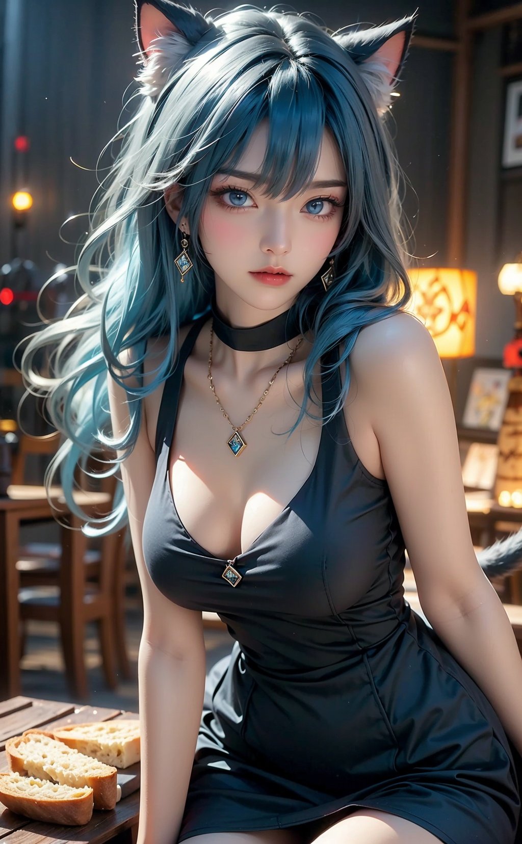  1Girl, Blue hair, blue eyes, Cat's ears (Steamed cat-ear shaped bread), earrings, necklace, jewels, cat whiskers, black gray dress, (half portrait), (thighs), lights, night,