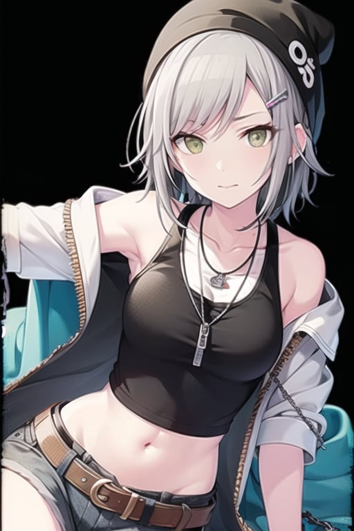 <lora:ShihoV3-07:0.7> , hinoshiho, 1girl, solo, looking at viewer, short hair, skirt, simple background, shirt, hair ornament, gloves, hat, navel, bare shoulders, jewelry, closed mouth, green eyes, collarbone, short sleeves, grey hair, green hair, shorts, hairclip, midriff, striped, belt, necklace, off shoulder, bracelet, streaked hair, crop top, plaid, black shirt, black headwear, aqua hair, swept bangs, black background, zipper, beanie, off-shoulder shirt, chain necklace