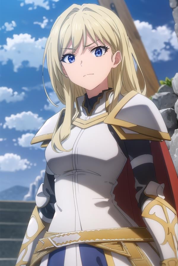 femaleknight, <lora:femaleknight-lora-nochekaiser:1>, female knight, long hair, blue eyes, blonde hair,BREAK weapon, sword, cape, armor, shoulder armor, gauntlets, pauldrons, breastplate, knight,BREAK outdoors, forest, grass, nature, sky, cloud, sun,BREAK looking at viewer, (cowboy shot:1.5),BREAK <lyco:GoodHands-beta2:1>, (masterpiece:1.2), best quality, high resolution, unity 8k wallpaper, (illustration:0.8), (beautiful detailed eyes:1.6), extremely detailed face, perfect lighting, extremely detailed CG, (perfect hands, perfect anatomy),