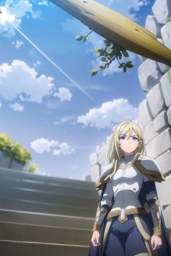 femaleknight, <lora:femaleknight-lora-nochekaiser:1>, female knight, long hair, blue eyes, blonde hair,BREAK weapon, sword, cape, armor, shoulder armor, gauntlets, pauldrons, breastplate, knight,BREAK outdoors, forest, grass, nature, sky, cloud, sun,BREAK looking at viewer, (cowboy shot:1.5),BREAK <lyco:GoodHands-beta2:1>, (masterpiece:1.2), best quality, high resolution, unity 8k wallpaper, (illustration:0.8), (beautiful detailed eyes:1.6), extremely detailed face, perfect lighting, extremely detailed CG, (perfect hands, perfect anatomy),