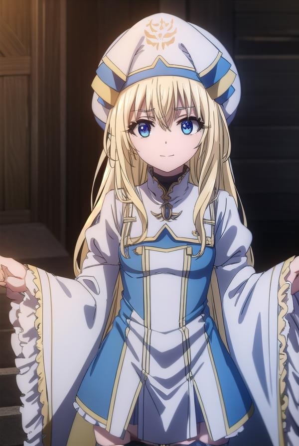 priestess, <lyco:priestesss2-lyco-nochekaiser:1>, priestess, blonde hair, blue eyes, long hair, hair between eyes, (small breast:1.2), smile,BREAK boots, dress, frilled sleeves, frills, hat, white headwear, pelvic curtain, high heels, robe, thigh boots, thighhighs, white thighhighs, long sleeves, puffy sleeves,BREAK indoors, church,BREAK looking at viewer, (cowboy shot:1.5),BREAK <lyco:GoodHands-beta2:1>, (masterpiece:1.2), best quality, high resolution, unity 8k wallpaper, (illustration:0.8), (beautiful detailed eyes:1.6), extremely detailed face, perfect lighting, extremely detailed CG, (perfect hands, perfect anatomy),