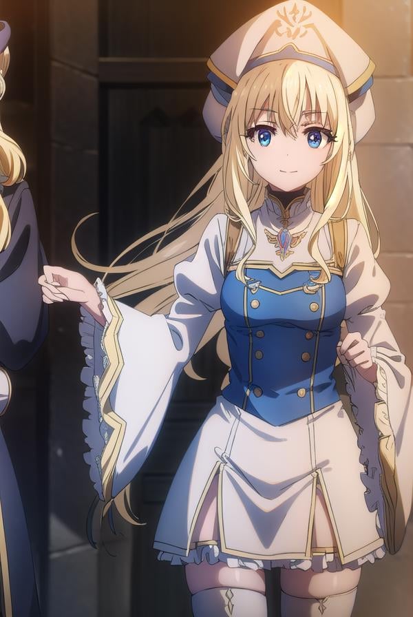 priestess, <lyco:priestesss2-lyco-nochekaiser:1>, priestess, blonde hair, blue eyes, long hair, hair between eyes, (small breast:1.2), smile,BREAK boots, dress, frilled sleeves, frills, hat, white headwear, pelvic curtain, high heels, robe, thigh boots, thighhighs, white thighhighs, long sleeves, puffy sleeves,BREAK indoors, church,BREAK looking at viewer, (cowboy shot:1.5),BREAK <lyco:GoodHands-beta2:1>, (masterpiece:1.2), best quality, high resolution, unity 8k wallpaper, (illustration:0.8), (beautiful detailed eyes:1.6), extremely detailed face, perfect lighting, extremely detailed CG, (perfect hands, perfect anatomy),