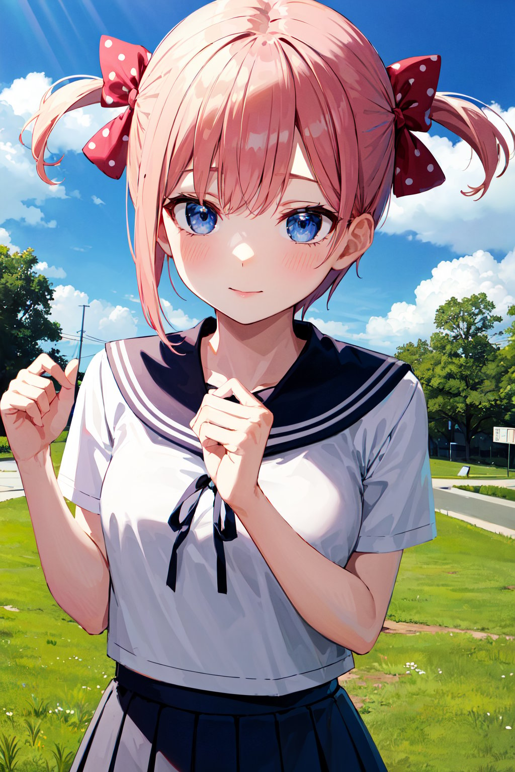 masterpiece, best quality, highres, aaichika, short hair, two side up, hair bow, polka dot bow, serafuku, sailor collar, sailor shirt, short sleeves, black skirt, <lora:nakano_ichika_v1:0.7>, outdoors, blue sky,