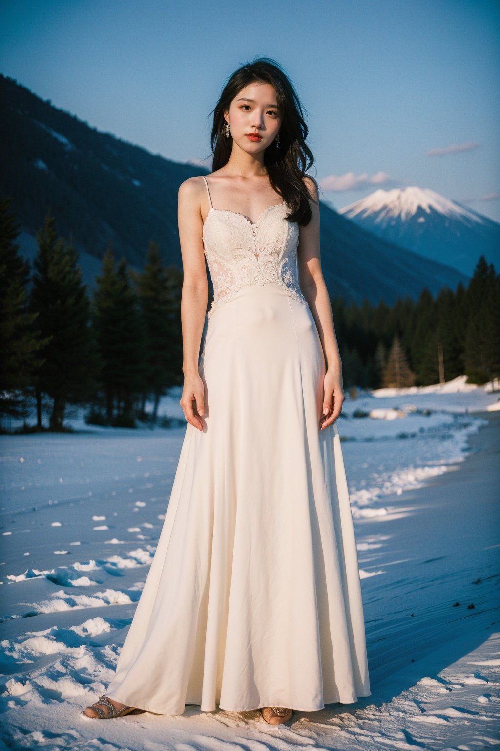 Best Quality,Masterpiece,Ultra High Resolution,(Realisticity:1.4),Original Photo,1 girl,snow mountain,super long wedding dress,Fuji color professional 400,dusk,photography,full body photo,