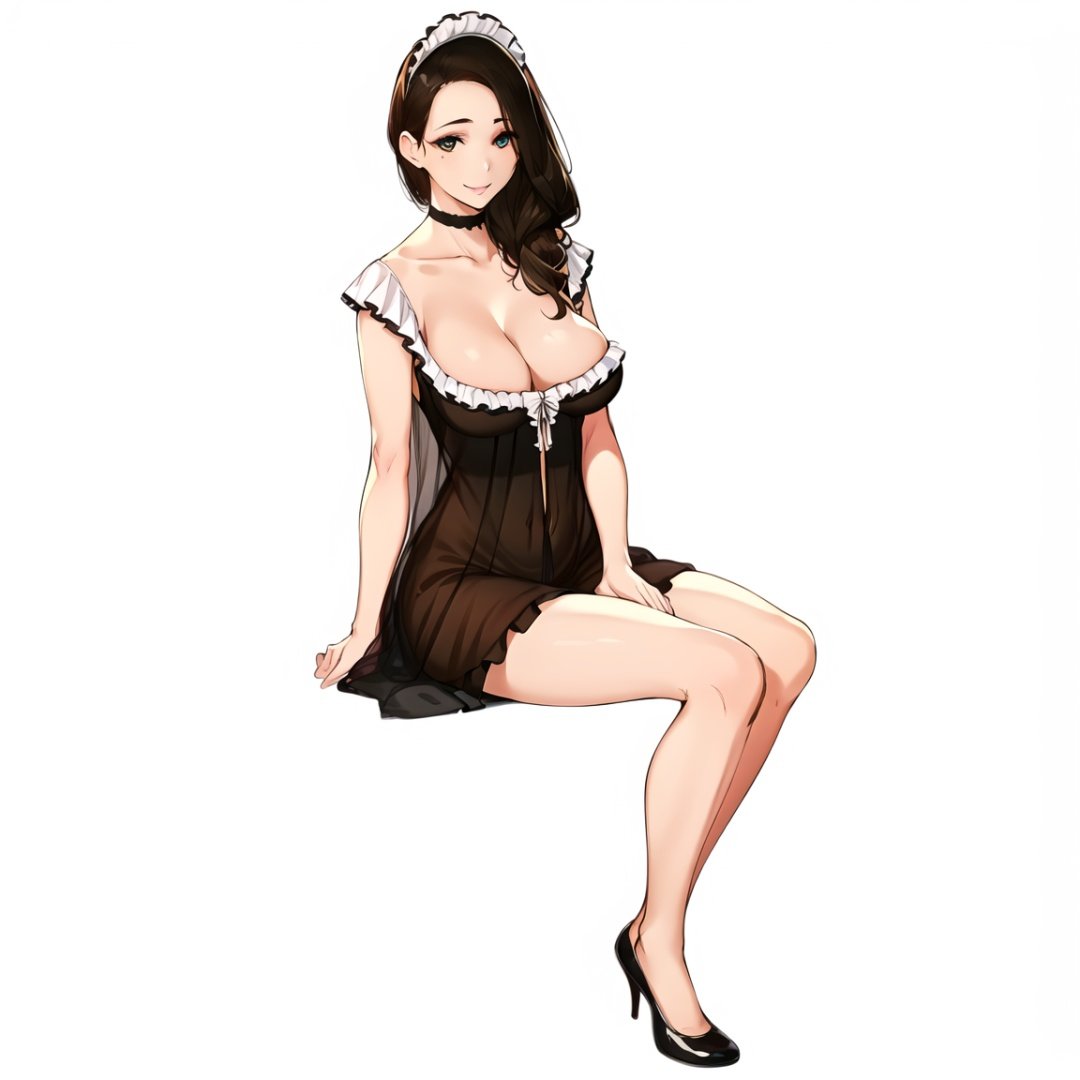 iroiro,1girl,full_body,sitting,black dress,see-through, frills,smile,looking at viewer, large breasts, simple background, white background,, <lora:iro6:1>