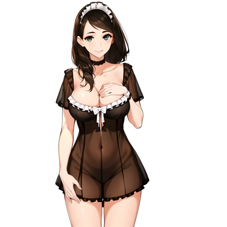 iroiro,1girl,cowboy shot,standing,black dress,see-through, frills,smile,looking at viewer, large breasts, heart hands, simple background, white background,, <lora:iro6:0.9>