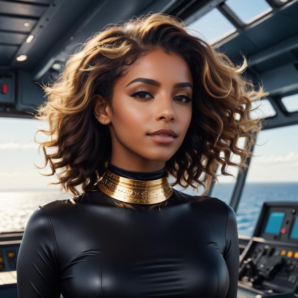 cinematic photo <lora:Choker-FFashion-Part1-32.LORA:1>, Dichromatic, behance, Moorish choker on neck of Elements driving a Seaplane carrier, 😞, Dancing, her hair is Gold, concept art . 35mm photograph, film, bokeh, professional, 4k, highly detailed