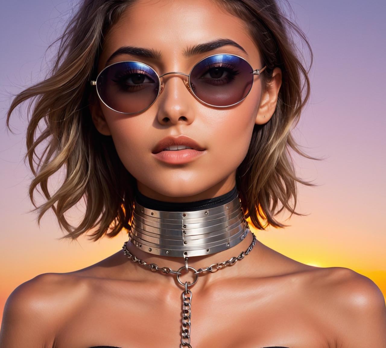 Collage style <lora:Choker-FFashion-Part1-32.LORA:1>, art by Jason Middlebrook, portrait,close up of a flyweight (metal choker:1.2) , she is Playing Hockey, metal choker is Furious, surrounded by Sunglassess, she is dressed in Bedouin choker on neck, at Dusk, Panorama, Tinycore, masterpiece . Mixed media, layered, textural, detailed, artistic