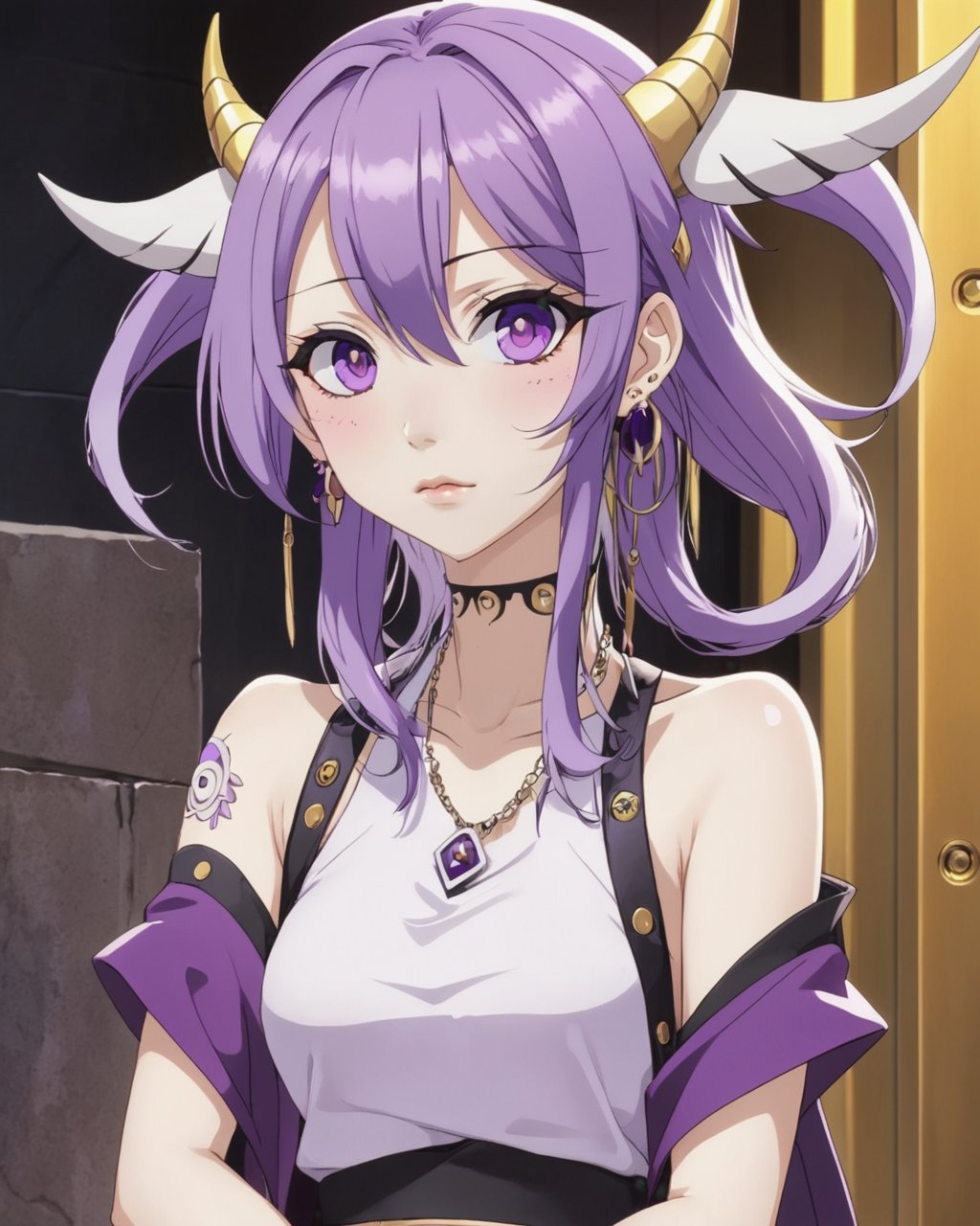 <lora:uwudemon5:1.0> uWudemon, ,anime,a girl with purple hair and piercings on her face,