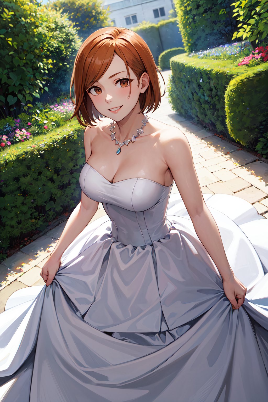 masterpiece, best quality, highres, aanobara, short hair, <lora:kugisaki_nobara_v1:0.7>, wedding dress, white dress, necklace, bare shoulders, garden, smile,